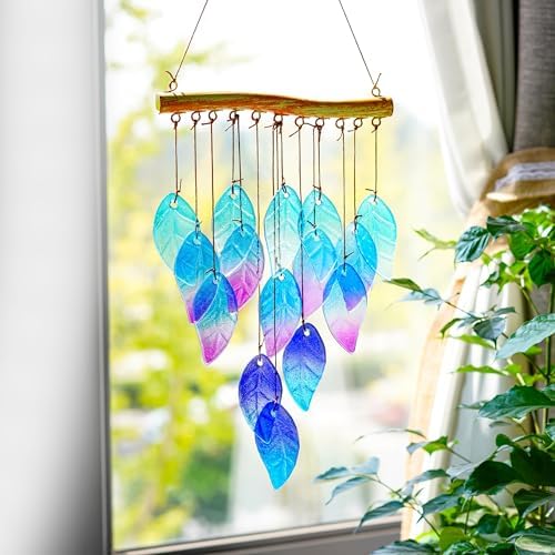 YU FENG 12.5 Inch Handmade Stained Glass Leaf Wind Chimes Window Decor - Image 5