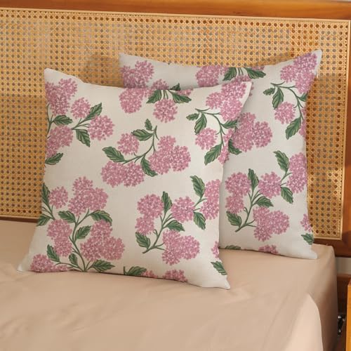 Preppy Pink Pillow Covers 24x24 Inch 2 Pcs Green Hydrangea Flower Decor Throw Pillows Vintage Floral Seasonal Spring Summer Outdoor Decoration Pillowcase Linen Cushion Cover for Couch Sofa - Image 2