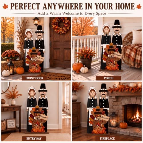 Threehoney 31.5" Thanksgiving Pilgrim Couple with Turkey Porch Sign, Farmhouse Wooden Pumpkin Welcome Signs Rustic Standing Fall Harvest Front Porch Decor for Autumn Outdoor Indoor Yard Garden - Image 2
