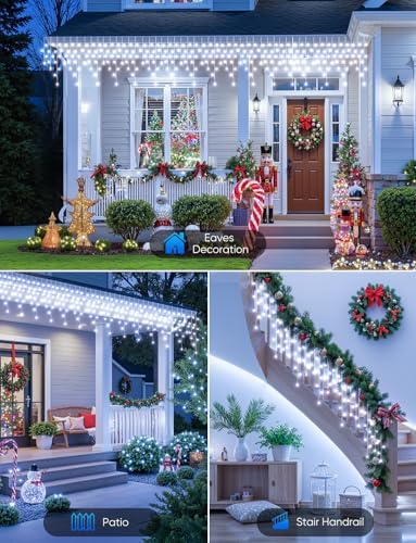 Icicle Lights Outdoor - 66 FT 736 LED Icicle Christmas Lights with 138 Drops, 8 Modes Christma String Light with Remote & Timer, Waterproof Fairy Light for Roof Patio Tree House Decor, White - Image 5