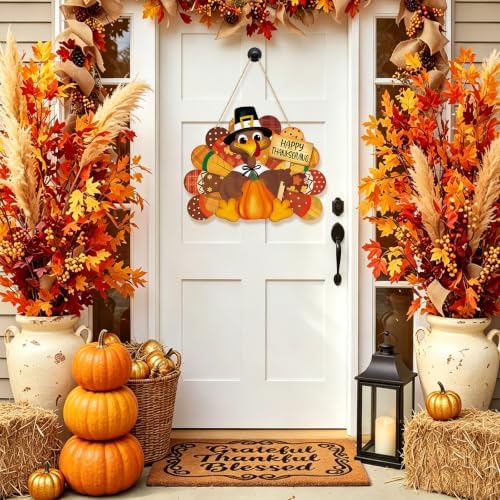 Thanksgiving Decoration Wood Pumpkin Turkey Door Wall Wreath for Front Door Sign Thankful Blessed Grateful, Pumpkin Sign for Fall Autumn Harvest Home Thanksgiving Party Outdoor Halloween Decoration - Image 4