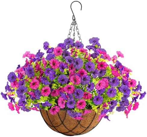 Artificial Fake Hanging Flowers with Basket for Outdoor Decor 12 Pcs UV Resistant Faux Silk Morning Glory Flowers Plants for Outdoor Outside Planters Home Porch Patio Balcony Spring Summer Décor by INXUGAOArtificialFlowers