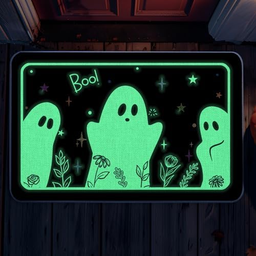 Halloween Door Mat Rug Ghost Decorative Glow in The Dark Doormats Luminous Entrance Rugs Floor Front Mats for Farmhouse Home Kitchen 17 x 27 Inch by QIONGMENG