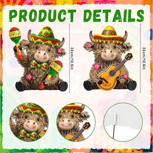 Amyhill 2 Pcs Cinco De Mayo Highland Cow Garden Stakes, Mexican Fiesta Metal Outdoor Decor, Western Cowboy Welcome Yard Signs for Patio, Lawn, Walkway, Garden, Cinco De Mayo Party Decorations - Image 3