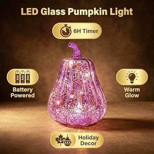 Fall Decorations for Home,Mercury Glass Pumpkin Lights with Timer(Purple) - Image 5