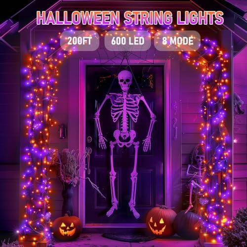 Dazzle Bright Halloween String Lights, 600 LED 196 FT Waterproof Black Wire String Lights with 8 Lighting Modes, Halloween Decorations Outdoor for Party Yard Garden Decor, Purple and Orange - Image 2