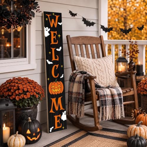 Welcome Porch Sign, Wooden, 47.2", Outdoor Front Door, Spooky Ghost - Image 6