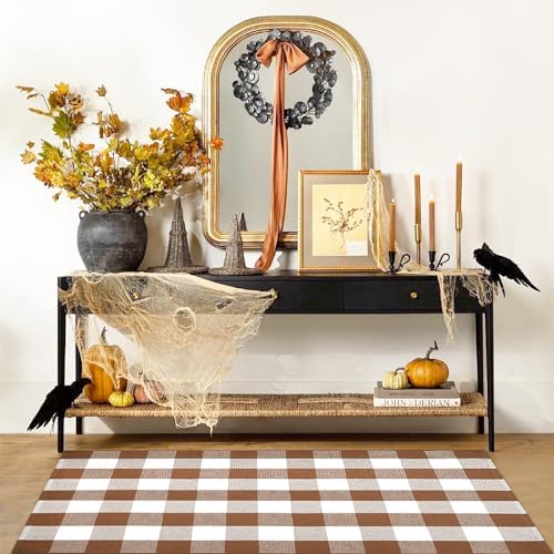 Ckorzen Coffee and White Plaid Rug, 3' x 5' Outdoor Front Porch Door Decor Mat, Washable Cotton Woven Farmhouse Area Rug for Layered Door Mats Carpet, Entryway, Easter Décor - Image 5
