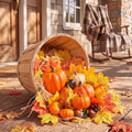 RattanView Fall Front Porch Decor Set Wooden Harvest Basket 9 x 6.7 in 3 Artificial Pumpkin 100 Fake Fillers LED Light Fall Decorations for Home Autumn Porch Decor for Thanksgiving Outdoor Farmhouse by RattanView