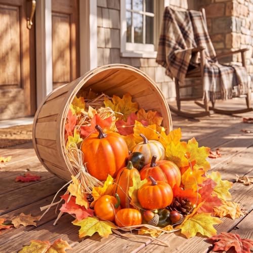 RattanView Fall Front Porch Decor Set Wooden Harvest Basket 9 x 6.7 in 3 Artificial Pumpkin 100 Fake Fillers LED Light Fall Decorations for Home Autumn Porch Decor for Thanksgiving Outdoor Farmhouse by RattanView