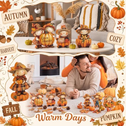 Vicenpal 6 Pieces Fall Decor Wooden Scarecrow Pumpkin Figurines Rustic Autumn Harvest Tabletop Decoration for Thanksgiving Home Kitchen Centerpiece, Shelf Sitter Holiday Display - Image 4