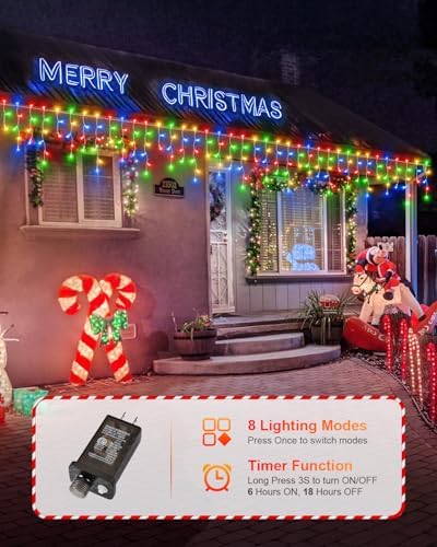 159 FT Christmas Lights Outdoor, 1458 LED Waterproof Outside Christmas Lights Plug in, Timer & Memory, 8 Modes Fairy Lights with 324 Drops for House Eaves Yard Patio Decorations, Multicolor - Image 3