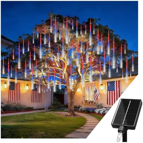 KNONEW 4th of July Solar Lights, USA 250th Anniversary Red White and Blue Solar Lights, 20 Tube 720 LED Waterproof Meteor Shower Lights for Independence National Memorial Day Decor by KNONEW