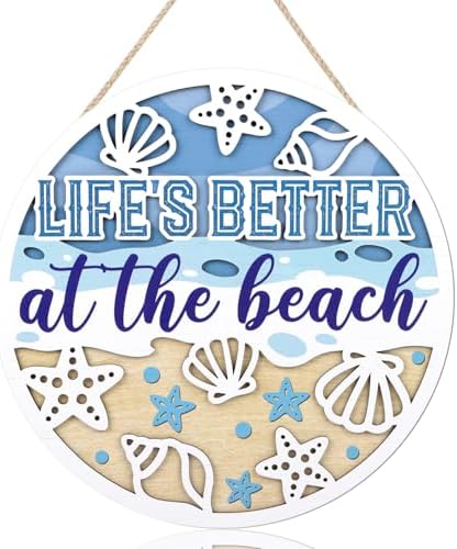 IARTTOP Life's Better at The Beach Wall Art Summer Coastal Sea Shell Wall Hanging Signs Coastal Starfish Door Hanging Sign Beach Themed Room Decor for Party Bathroom Outdoor 11.4"x11.4" by IARTTOP