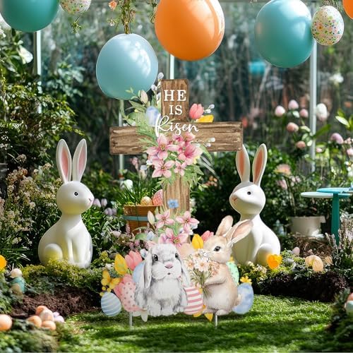 Weysat Easter Metal Yard Signs He Is Risen Cross Metal Decoration Outdoor 23.6 Inch Easter Rabbit Welcome Porch Sign Christian Yard Decorations with Stakes Waterproof for Home Garden Patio Lawn Party - Image 5