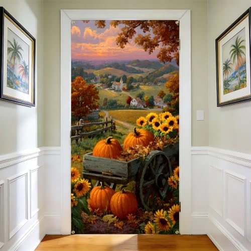 NYZE Fall Pumpkin Door Cover, Autumn Sunflower Cart Harvest Door Banner, Farmhouse Pumpkin Sunflower Door Cover for Indoor Outdoor Porch - Image 4