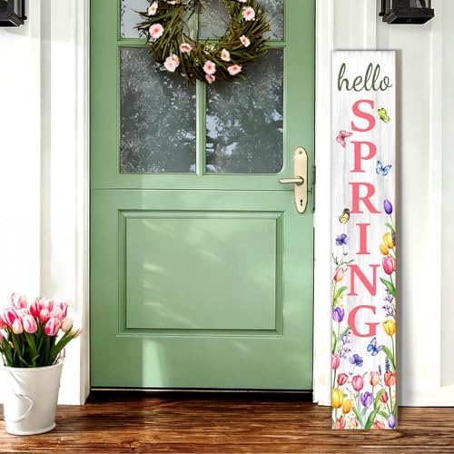Hello Spring Porch Sign, Flower Butterfly Sign for Front Porch, Pink Tulip Wooden Sign Yard, Vertical Wood Sign Standing for Patio Front Door Porch, Farmhouse Holiday Home Party Entryway Yard Wall Decor Indoor Outdoor, 47x8 inch by Unknown