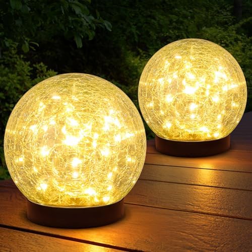 ASOMST 2-Pack Garden Solar Lights Outdoor, Cracked Glass Ball Light Waterproof, Decorative Solar Globe Lights Warm White for Yard Pathway Patio Lawn by ASOMST