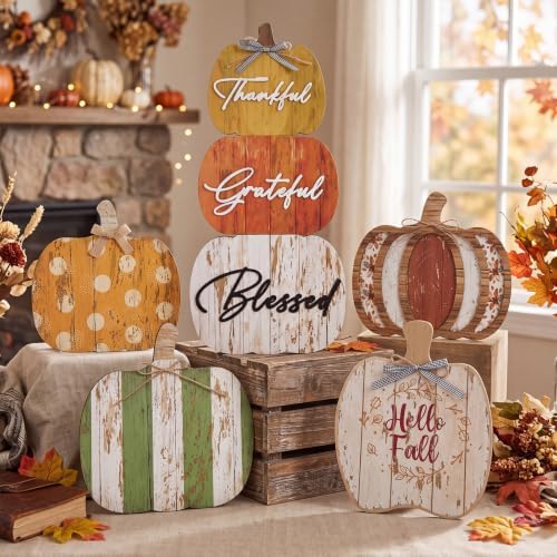 Bucherry 5 Set Thanksgiving Porch Decoration Pumpkin Wood Porch Standings Thankful Grateful Blessed Hello Fall Welcome Sign Decor with Base for Home Front Door Garden(Orange Style) - Image 2