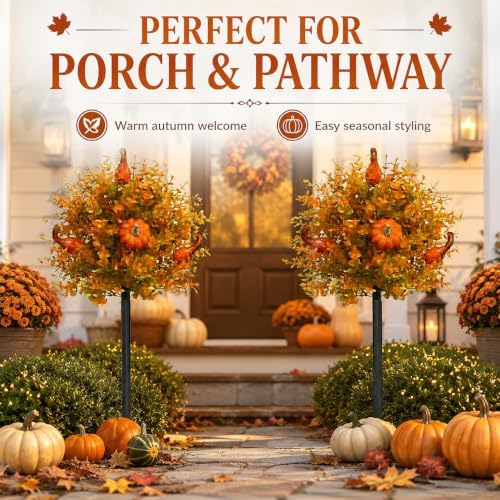 2 Pack Fall Pumpkin Topiary Trees with Stakes, 22 Inch (Orange) - Image 5