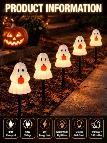 10.5FT Halloween Ghost Pathway Lights, 5 PK Plug in LED Ghost Stake Lights - Image 3