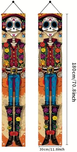 2PCS Day of the Dead Porch Banners 71x12 Inch Skeleton Couple Vertical Door Decorations, Colorful Dia de Los Muertos Halloween Hanging Signs for Front Porch Outdoor Party Decor - Image 2