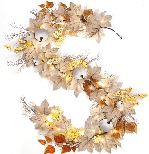 Fall Garland 6FT Fall Decor Maples Leaf Garlands with Pumpkins and Berries by TURNMEON