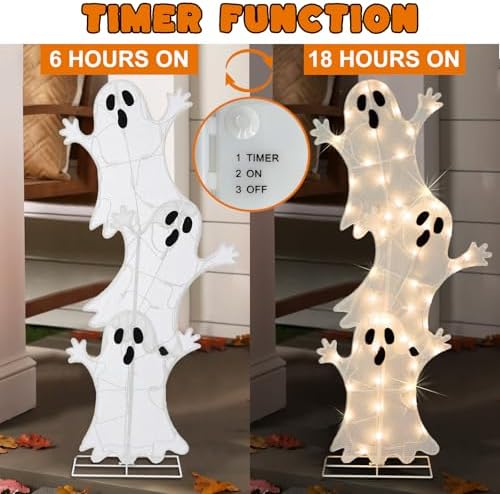 Halloween Lighted 3 Stacked Ghosts, 42’’ H Pre-Lit Lighted Ghosts with 50 Warm White Lights, Light Up Halloween Ghost Decoration for Indoor, Outdoor, Porch, Yard, Holiday Decor - Image 6