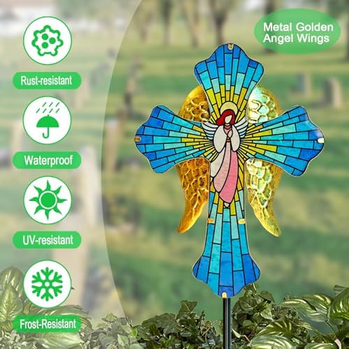 Solar Cross for Cemetery Grave,Metal Angel Wings Outdoor Yard Garden Stakes - Image 2