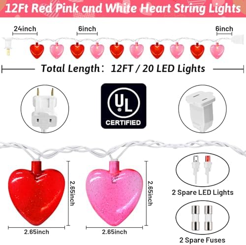 12Ft Red Pink Heart String Lights, Valentine's Day Decorations Lights Outdoor Waterproof with 20 LED Clear Heart Light with Glitter for Home Door Fireplace Windows Fence Valentines Day Party Decor - Image 2