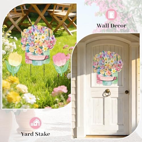 3Pcs Hello Spring Welcome Flower Yard Stakes Metal Floral Outdoor Decor, 2-in-1 Decorative Tulip Flower Sign for Garden Patio Yard Wall Hanging Floral Ornaments with Rope Rustic Spring Decor - Image 5