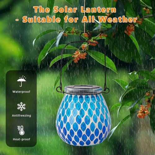 Starsoul 2 Pack Solar Lanterns Outdoor Waterproof, Elegant Blue Glass Mosaic Solar Lantern, Solar Hanging Lights Outside Patio Porch Yard Decor - Image 3