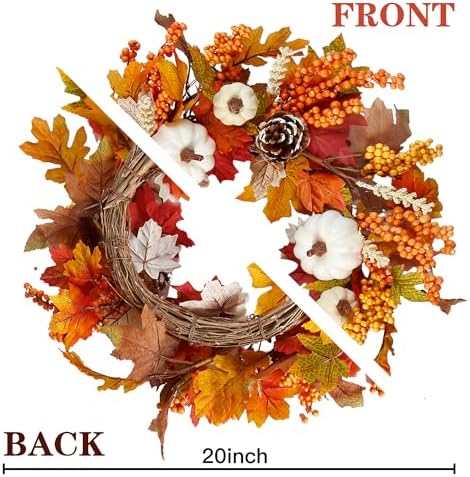 Sggvecsy Fall Wreath 20’’ Autumn Front Door Wreath Harvest Wreath with White Pumpkins Berries Maple Leaves Pine Cones Grain for Outside Indoor Home Wall Festival Thanksgiving Autumn Farmhouse Decor - Image 6