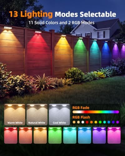 16 Pack Solar Fence Lights, Fence Lights Solar Powered with Ultra-Bright Lens Warm White + RGB 13 Color Mode IP65 Waterproo for Backyard/Step/Patio/Deck/Stair/Railings-White - Image 2