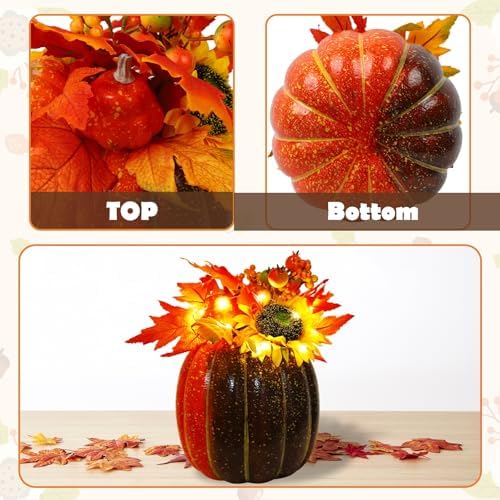 MorTime 11 Inch Thanksgiving Lighted Pumpkin Decor, Thanksgiving Decorations Artificial Pumpkin with 30 LED Lights 9 Maple Leaves 2 Pumpkins 2 Berry Stems Sunflower Straw, Autumn Home Decorations - Image 4