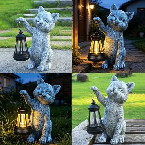 Cat Garden Statue Decorations Outdoor,Solar Resin Figurine with Hanging Lantern Outdoor Decor(cat2) - Image 3