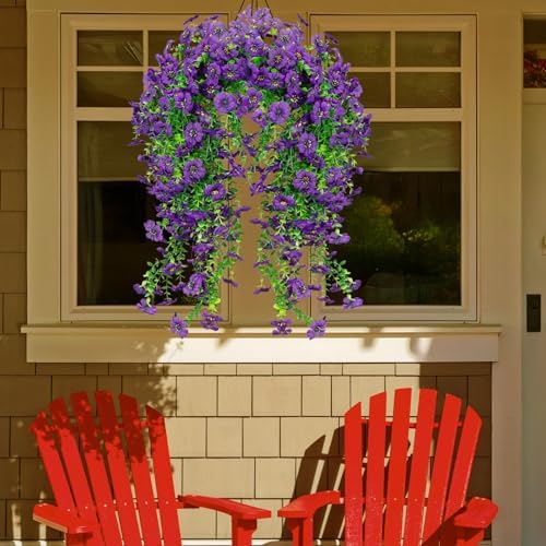 LikSoor 4 Pcs Artificial Outdoor Hanging Plants Spring Summer Decoration UV Resistant Faux Silk Flowers for Outside, Garden, Porch, Window, Home Decor (Purple+) - Image 3