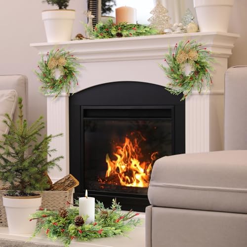 12 Pcs 9 Inch Christmas Wreaths for Kitchen Cabinet Artificial Cedar Pine Hanging Wreath with Red Berries Pine Needles for Front Door Xmas Swag Wreaths for Christmas Winter Farmhouse Home Decorations - Image 6