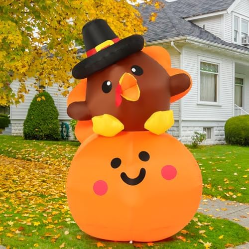 COMIN 5FT Tall Thanksgiving Inflatables Turkey Baby on Pumpkin with Built-in LEDs Blow Up Yard Decoration for Holiday Season Party Indoor Outdoor Garden Lawn by COMIN