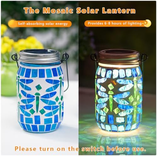 Starsoul 4 Pack Solar Hanging Lanterns Outdoor Waterproof, Mosaic Dragonfly Decor Glass Solar Outdoor Lights, Decorative Solar Lantern for Outside Pathway Patio Porch Yard Decor - Image 2