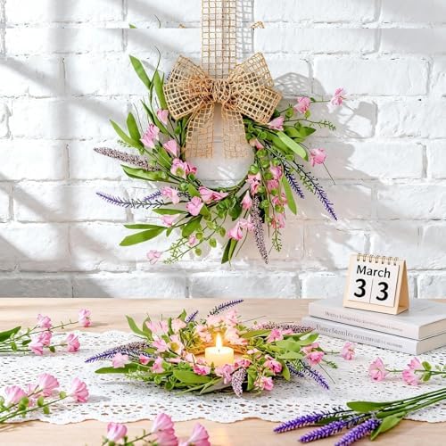 6 PCS 9'' Mini Pink Forsythia Lavender Wreath for Front Door Small Spring Kitchen Cabinet Wreaths with Burlap Ribbon Hanging Farmhouse Wreaths Artificial Greenery Wreath for Porch Wall Window Decor - Image 2