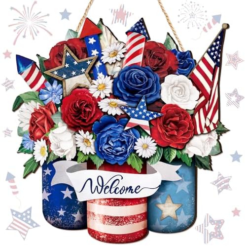 Patriotic Decoration American Flag Welcome Door Sign Independence Day Wreath for Front Door Red White Blue American Flag Hanging Sign 250th Anniversary Decor for Home Doors by Seeloowy
