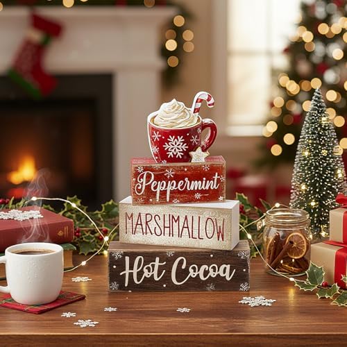 Moucuny 4 Pcs Hot Cocoa Wooden Signs Farmhouse Tiered Tray Decor - Image 4
