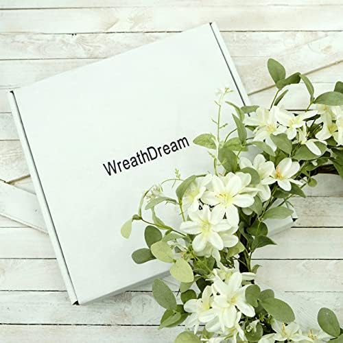 WreathDream 18'' Spring Wreath Summer Wreath for Front Door with Green Eucalyptus Leaves and White Cherry Blossoms for Home Outdoor Farmhouse Porch Wall Decoration, White Gift Box Included - Image 4