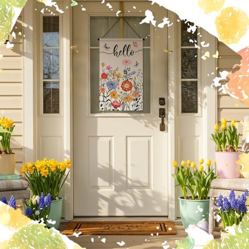 Tegeme 3 Pcs Hello Spring Door Sign Flag Spring Flower Door Banner Holiday Welcome Flag Wall Hanging Decoration for Party Holiday Outdoor Indoor Home - Image 3
