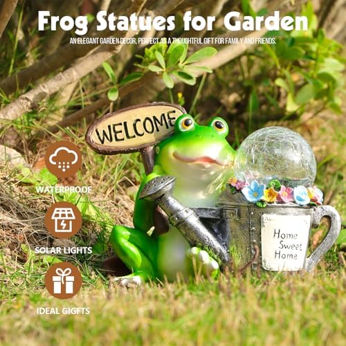 Garden Outdoor Statues, Resin Frog Solar Lights with Glowing Watering Can - Image 5
