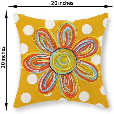 Summer Pillow Covers 20x20 Inch Set of 2 Polka Dots Watercolor Yellow Sunshine Flower Decorative Throw Pillows Boho Outdoor Sun Pillowcase Linen Farmhouse Cushion Case Decor for Home Bedroom - Image 2
