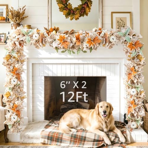 Neutral Fall Garland for Mantle Fireplace - 2 Pack 6Ft Outdoor Autumn Leaves Decor for Home Front Door with Pumpkins Indoor Maple for Farmhouse Table Stairs Porch Halloween Thanksgiving Decorations - Image 2