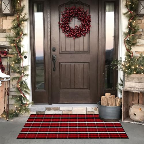 Bottalive Christmas Plaid Outdoor Rug, 2' x 4'3'' Red & Black Check Indoor/Outdoor Area Rug, Layering Rug for Hello/Welcome Door Mat, Machine Washable Cotton Woven Farmhouse Mat for Front Porch Décor - Image 5