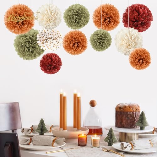 NICROLANDEE Fall Party Decor 12 PCS Orange Burgundy Green Tissue Pom Poms - Image 5